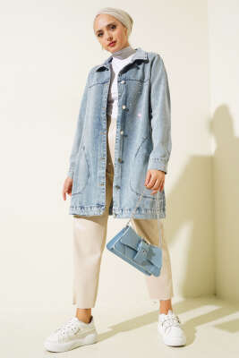 Önü Taş Süslemeli Kot Ceket Kot Mavisi - Thumbnail