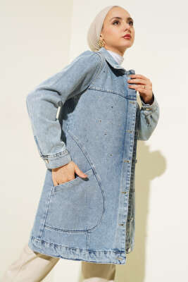 Önü Taş Süslemeli Kot Ceket Kot Mavisi - Thumbnail