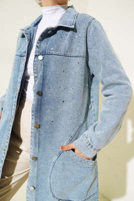 Önü Taş Süslemeli Kot Ceket Kot Mavisi - Thumbnail