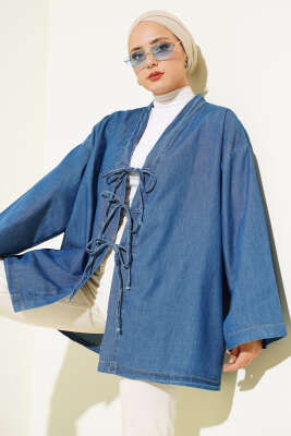 Önü İp Bağlamalı Kot Kimono Kot Mavisi - Thumbnail