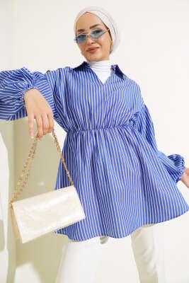 Pazarium - Çizgili Balon Kol Bel Lastikli Tunik Saks