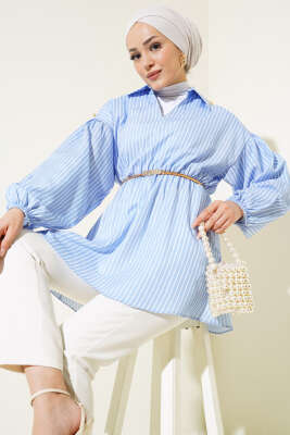Pazarium - Çizgili Balon Kol Bel Lastikli Tunik Mavi