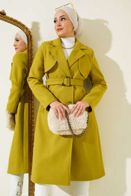 Pazarium - Pelerinli Kuşaklı Kaşe Kaban Yağ Yeşili