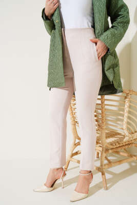 Bel Çımalı Dar Paça Pantolon Bej - Thumbnail