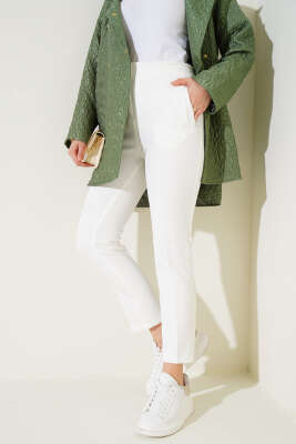 Bel Çımalı Dar Paça Pantolon Ekru - Thumbnail