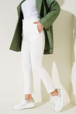 Bel Çımalı Dar Paça Pantolon Ekru - Thumbnail