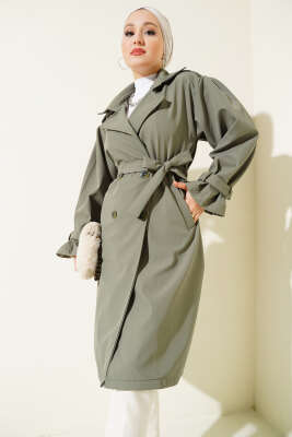 Pazarium - Omuz Apoletli Düğmeli Trençkot Haki
