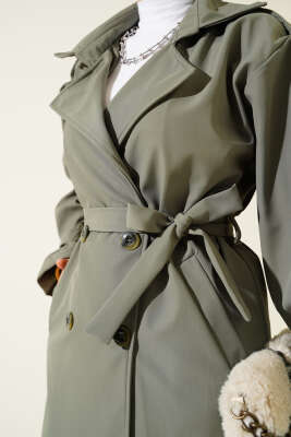 Omuz Apoletli Düğmeli Trençkot Haki - Thumbnail