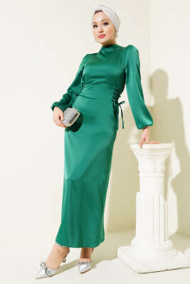 Pazarium - Yanları İp Detaylı Saten Elbise Yeşil