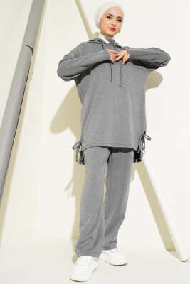 Pazarium - Yanı Bağlamalı Kapüşonlu İkili Takım Melanj Gri