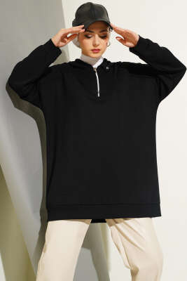 Pazarium - Loyşa Yakası Fermuarlı Tunik Siyah