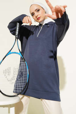 Pazarium - Loyşa Yakası Fermuarlı Tunik Füme