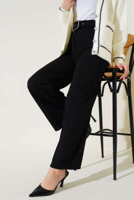 Yüksek Bel Kemerli Siyah Pantolon - Thumbnail