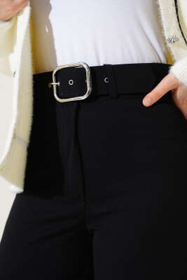 Yüksek Bel Kemerli Siyah Pantolon - Thumbnail