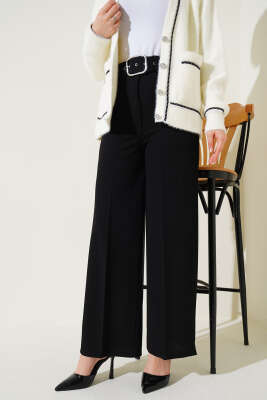 Yüksek Bel Kemerli Siyah Pantolon - Thumbnail