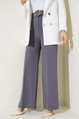 Kemerli Yüksek Bel Bol Paça Gri Pantolon - Thumbnail