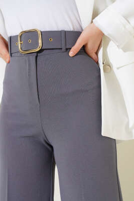 Kemerli Yüksek Bel Bol Paça Gri Pantolon - Thumbnail