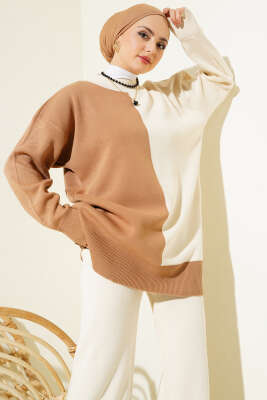 Çift Renkli Triko İkili Takım Bej - Thumbnail