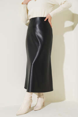 Bel Lastikli Basic Deri Etek Siyah - Thumbnail