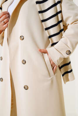 Kruvaze Yaka Kuşaklı Düğmeli Trençkot Bej - Thumbnail