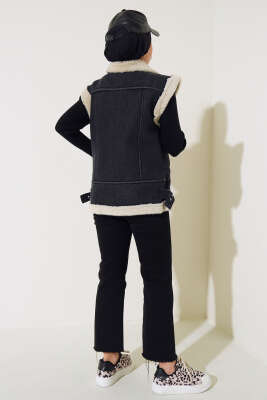 Fermuarlı İçi Kürklü Kot Yelek Füme - Thumbnail