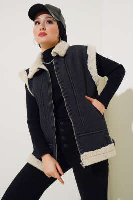 Fermuarlı İçi Kürklü Kot Yelek Füme - Thumbnail