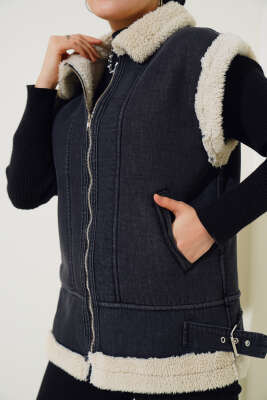 Fermuarlı İçi Kürklü Kot Yelek Füme - Thumbnail