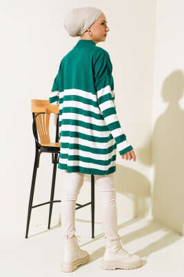 Yarım Boğazlı Çizgili Salaş Triko Tunik Zümrüt Yeşili - Thumbnail