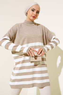 Yarım Boğazlı Çizgili Salaş Triko Tunik Vizon - Thumbnail