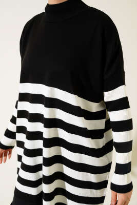 Yarım Boğazlı Çizgili Salaş Triko Tunik Siyah - Thumbnail