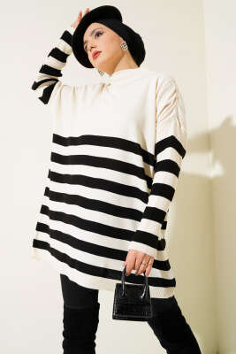 Yarım Boğazlı Çizgili Salaş Triko Tunik Bej - Thumbnail