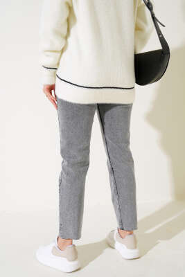 Kesik Dar Paça Kot Pantolon Gri Kar - Thumbnail