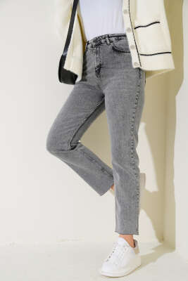 Kesik Dar Paça Kot Pantolon Gri Kar - Thumbnail