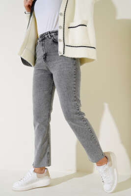 Pazarium - Kesik Dar Paça Kot Pantolon Gri Kar