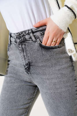 Kesik Dar Paça Kot Pantolon Gri Kar - Thumbnail