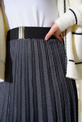 Kazayağı Desenli Kemerli Füme Etek - Thumbnail