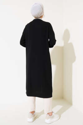 Boy Düğmeli Fitilli Uzun Hırka Siyah - Thumbnail