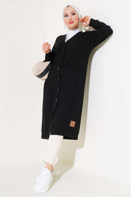 Pazarium - Boy Düğmeli Fitilli Uzun Hırka Siyah