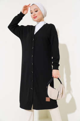 Boy Düğmeli Fitilli Uzun Hırka Siyah - Thumbnail
