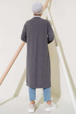 	 Boy Düğmeli Fitilli Uzun Hırka Kayrak Grisi - Thumbnail