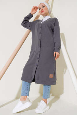 	 Boy Düğmeli Fitilli Uzun Hırka Kayrak Grisi - Thumbnail