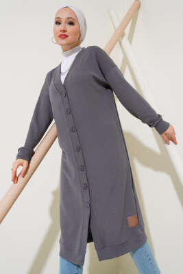 	 Boy Düğmeli Fitilli Uzun Hırka Kayrak Grisi - Thumbnail