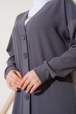 	 Boy Düğmeli Fitilli Uzun Hırka Kayrak Grisi - Thumbnail