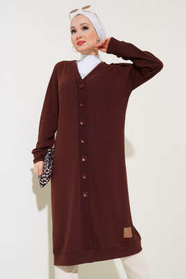 Boy Düğmeli Fitilli Uzun Hırka Kahve - Thumbnail