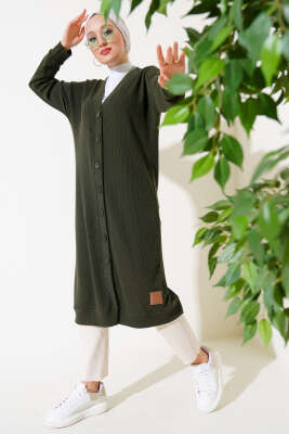 Boy Düğmeli Fitilli Uzun Hırka Haki - Thumbnail