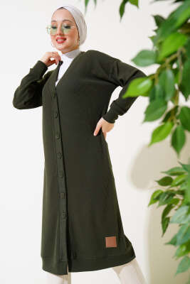 Boy Düğmeli Fitilli Uzun Hırka Haki - Thumbnail