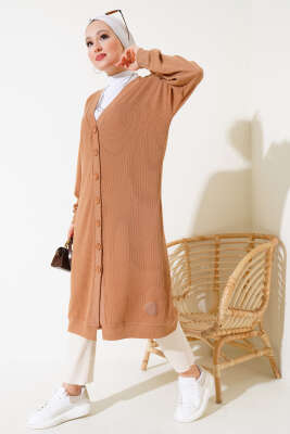 Boy Düğmeli Fitilli Uzun Hırka Camel - Thumbnail