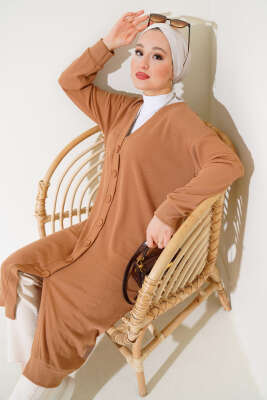 Boy Düğmeli Fitilli Uzun Hırka Camel - Thumbnail