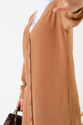 Boy Düğmeli Fitilli Uzun Hırka Camel - Thumbnail