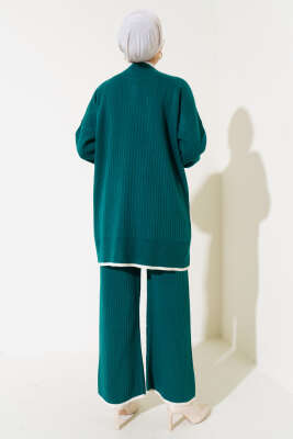 Kol Katlamalı Düğmeli Triko İkili Takım Zümrüt - Thumbnail